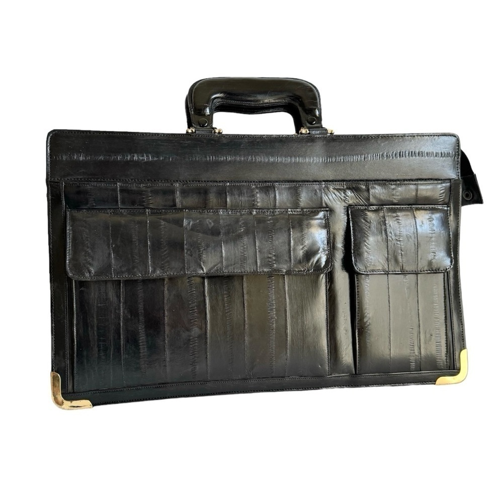 Vintage Black Leather Tote with Gold Corner Accents